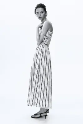 Robe avec bretelles à nouer et corsage smocké - Blanc/rayé — photo 1