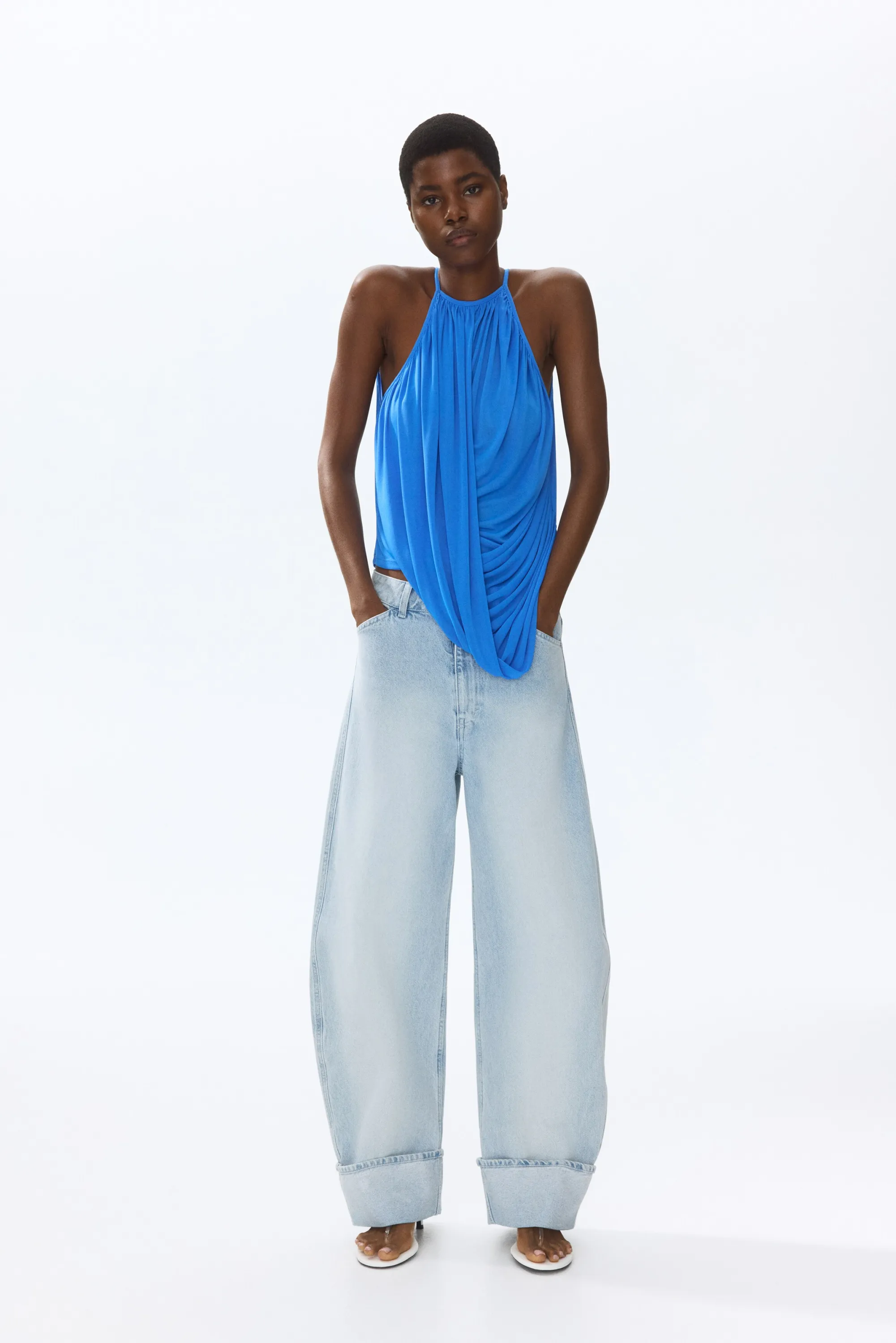 Top à effet drapé avec bretelles fines - Bleu vif
