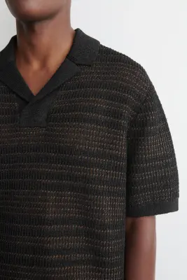 POLO RAYÉ EN MAILLE AJOURÉE - NOIR / ROUILLE / RAYURES — photo 3