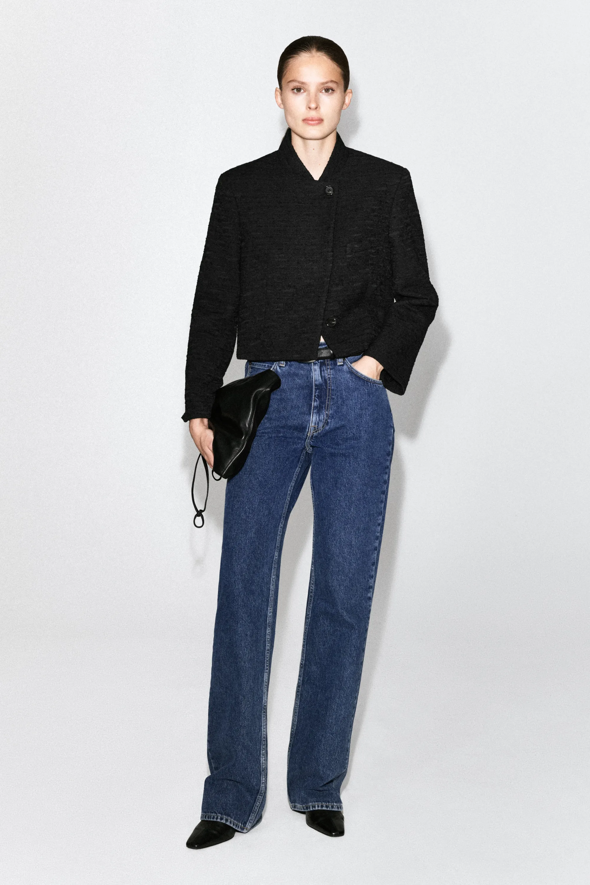 CROPPED STRUCTURED JACQUARD BLAZER - NOIR