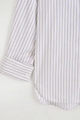 CHEMISE RAYÉE EN MÉLANGE DE COTON À COL ITALIEN - BLANC / VIOLET / BEIGE — photo 5