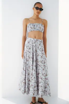Top bralette à bords ruchés - Bleu ancien clair/fleuri — photo 1