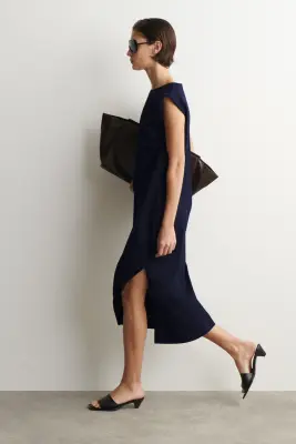 FOLDED-SHOULDER COTTON-JERSEY MIDI DRESS - BLEU MARINE — photo 1