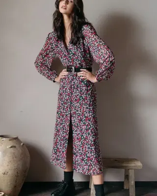 Robe midi imprimée fleurie boutonnée Dione Noir – Grace & Mila — photo 3