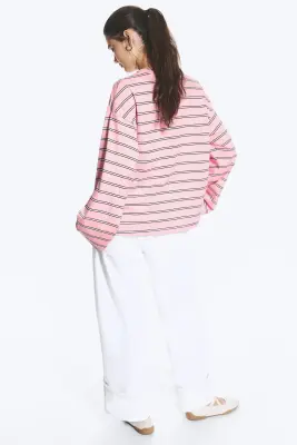 T-shirt en coton à manches longues - Rose/Blanc/Marron rayé — photo 2