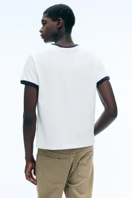 T-shirt en coton avec bordures contrastées et manches courtes - Blanc - Liseré Bleu — photo 3