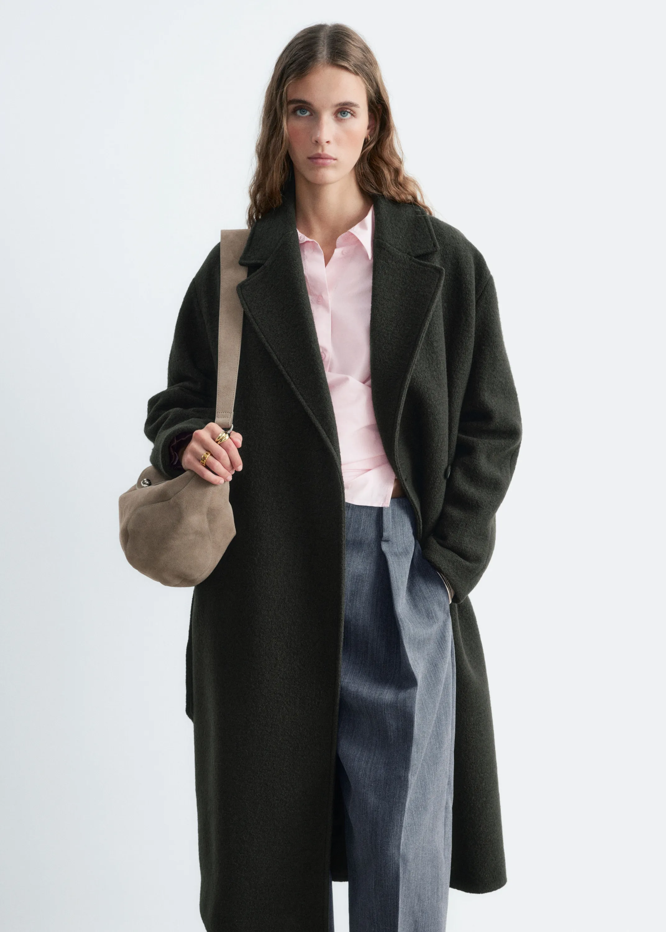 Manteau volumineux en laine avec ceinture - Vert foncé