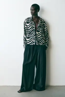 Chemise en lin mélangé - Noir/imprimé zèbre — photo 3