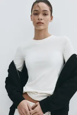 T-shirt côtelé - Crème — photo 1