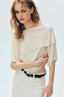 Top en jersey avec détail façon cape - Crème — photo 2