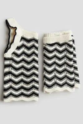Ensemble 2 pièces en maille pointelle de coton - Blanc/rayures noires — photo 2