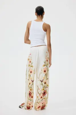 Pantalon en viscose avec cordon de serrage - Crème/fleuri — photo 3