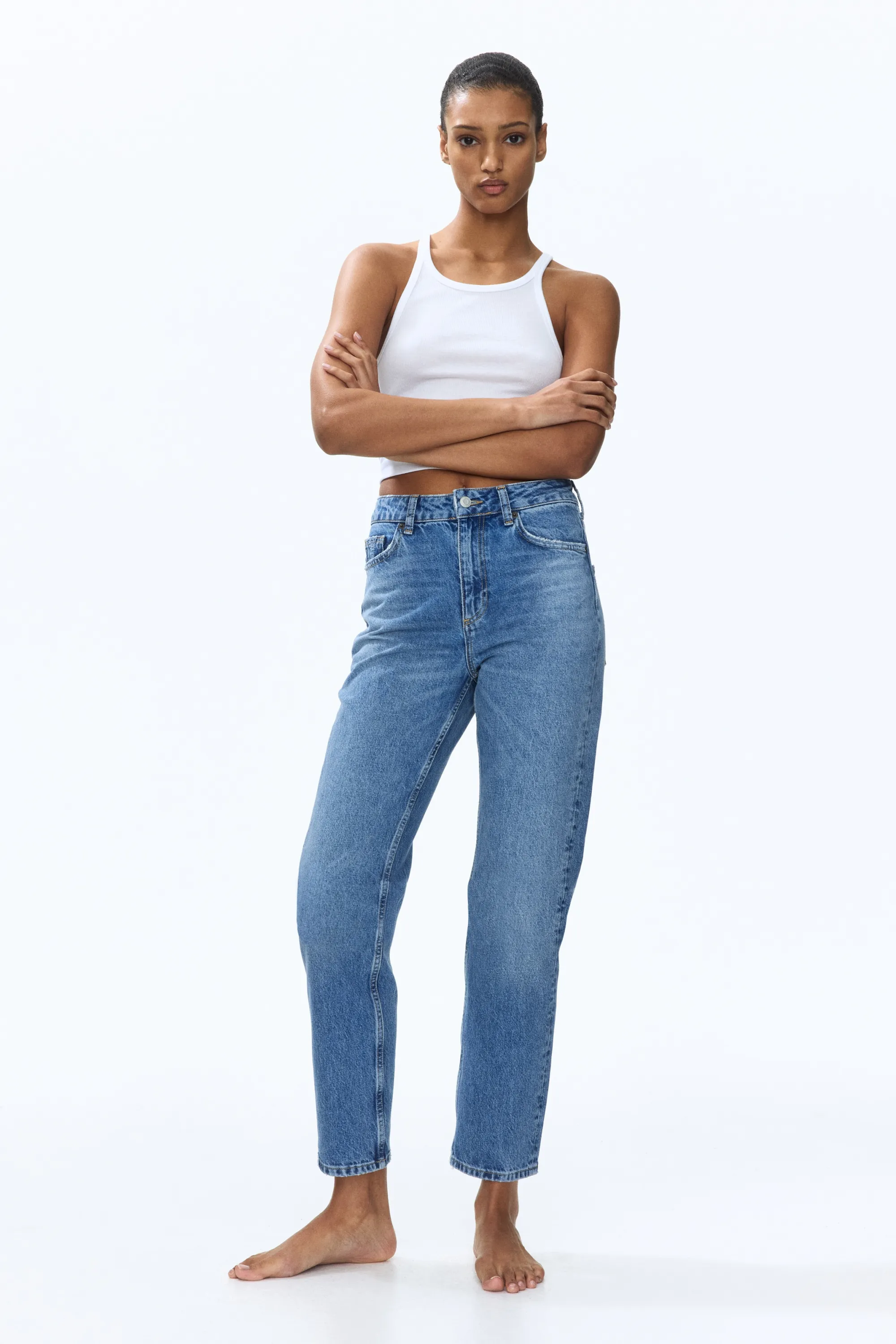 Mom High Waist Ankle Jeans - Bleu denim