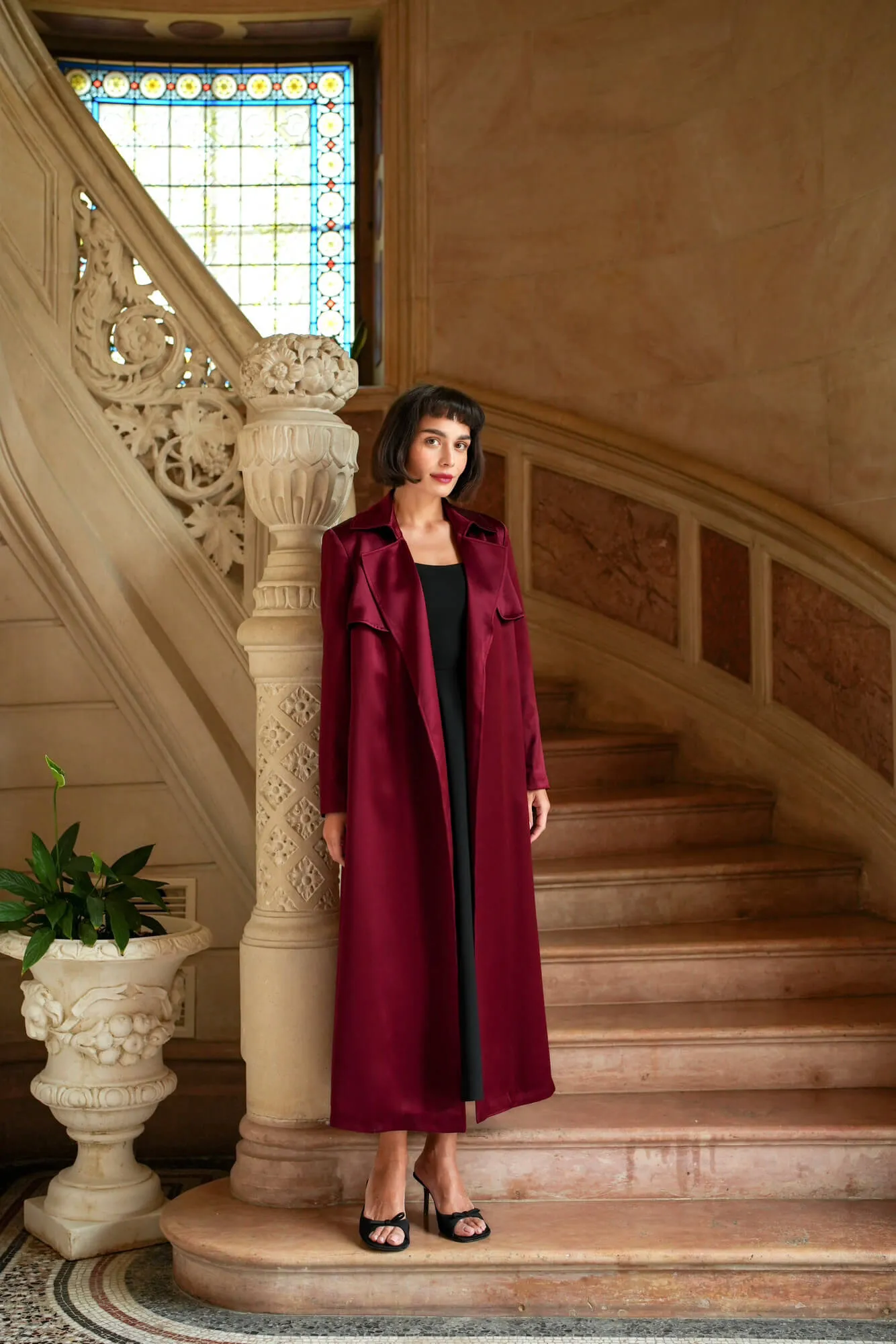 Cameron Satin Trenchcoat - Bordeaux