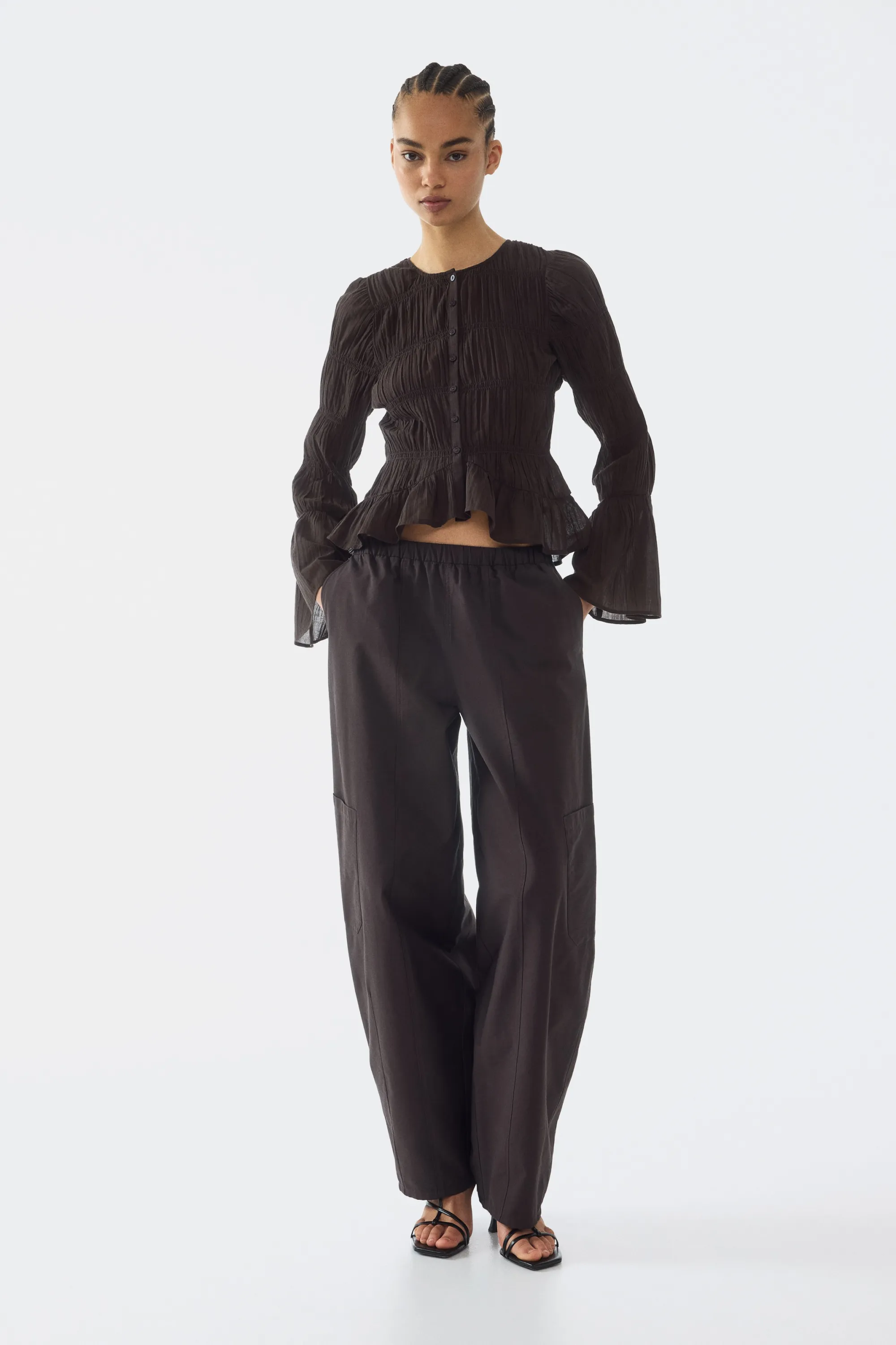 Blouse smockée en coton - Marron foncé