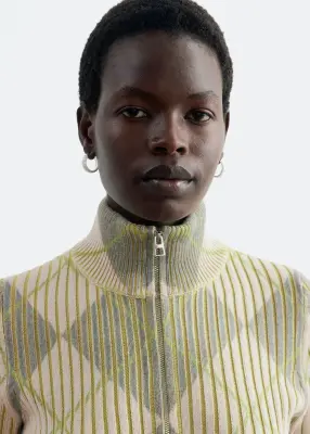 Cardigan zippé en mélange de coton et de laine - Beige/Vert/À carreaux — photo 2