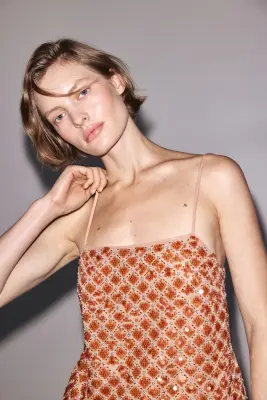 Top ornementé à bretelles fines - Rose poudré/orange — photo 1