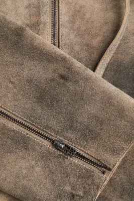 Veste en cuir velours à l'aspect délavé - Beige — photo 2