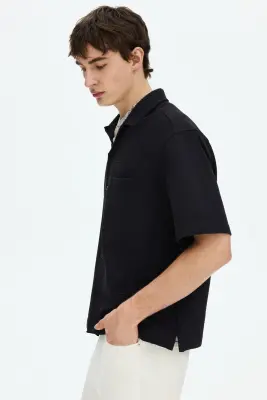 Chemise gaufrée Relaxed Fit avec col cubain - Noir — photo 4