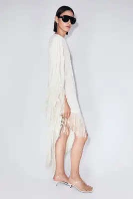 Robe caftan asymétrique avec franges - Crème — photo 4