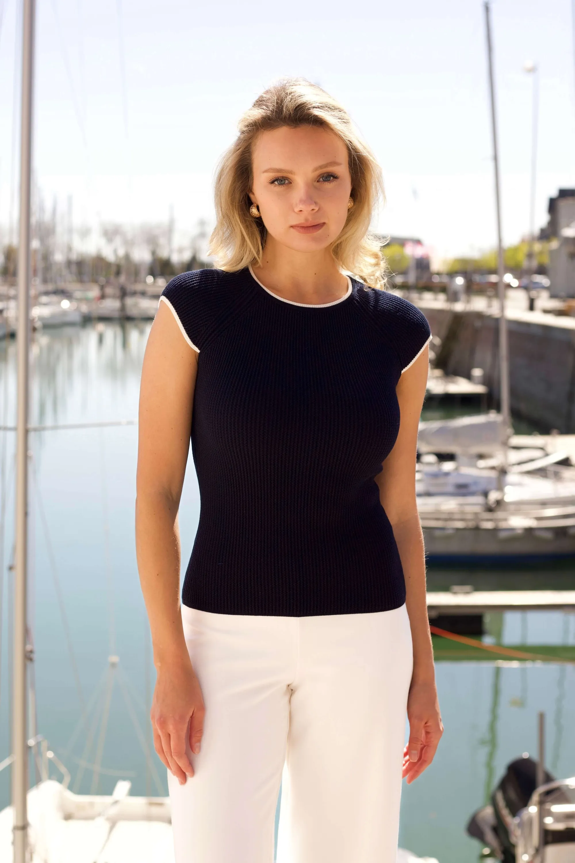 Pamela Knit Top - Navy with cream