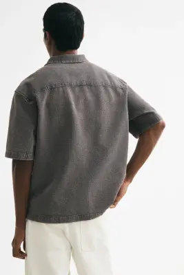 Chemise gaufrée Relaxed Fit avec col cubain - Gris foncé — photo 3