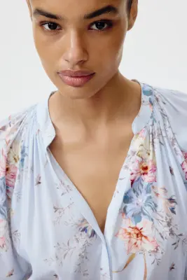 Robe chemise avec ceinture à nouer - Bleu clair/fleuri — photo 3