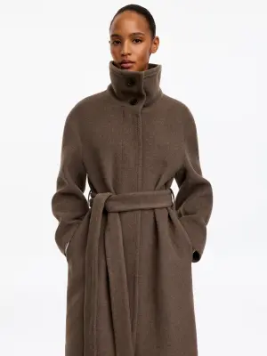 Manteau ceinturé en laine mélangée - Taupe — photo 4