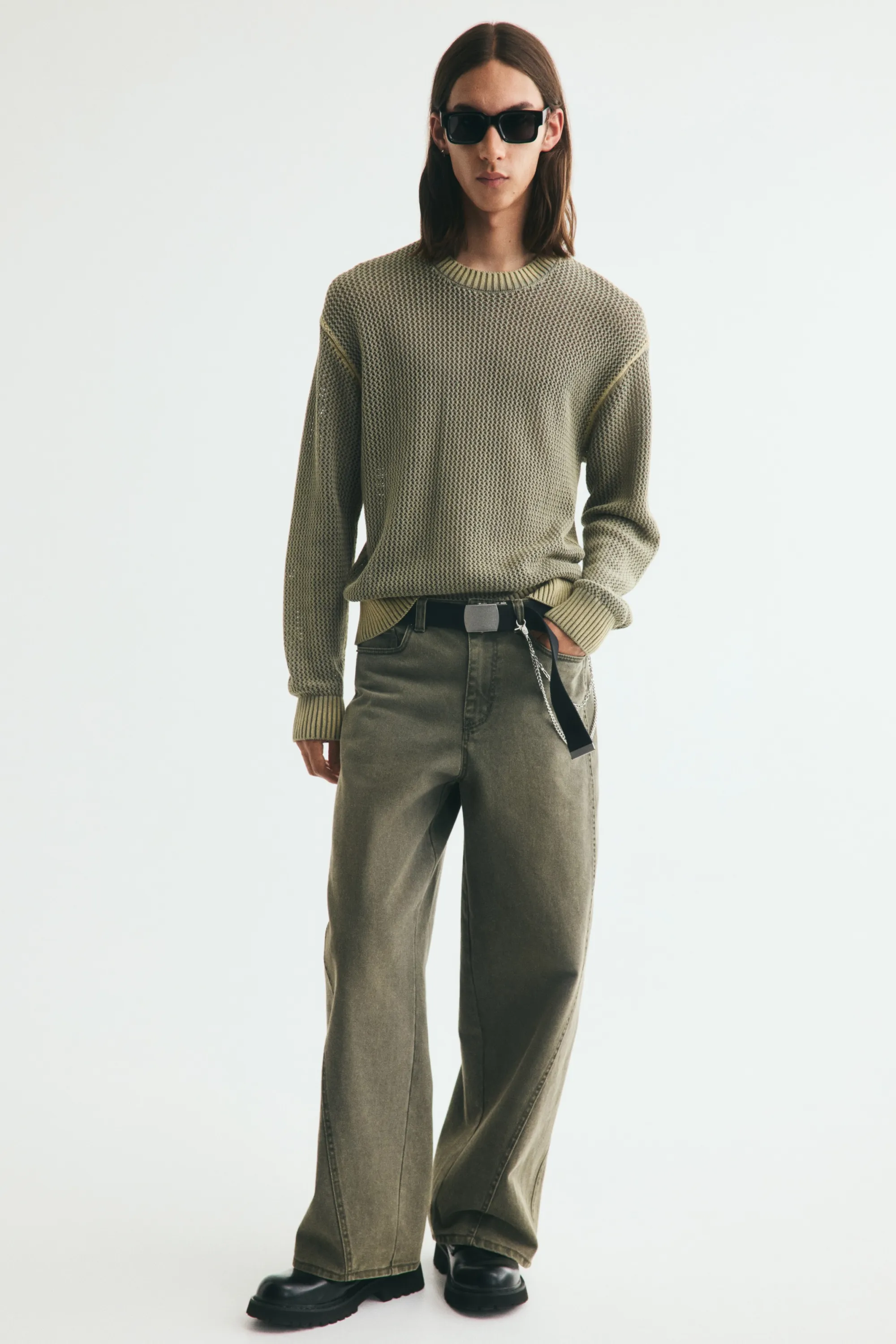 Pull Loose Fit en maille de coton ajourée - Vert kaki délavé