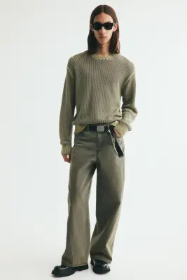 Pull Loose Fit en maille de coton ajourée - Vert kaki délavé — photo 1