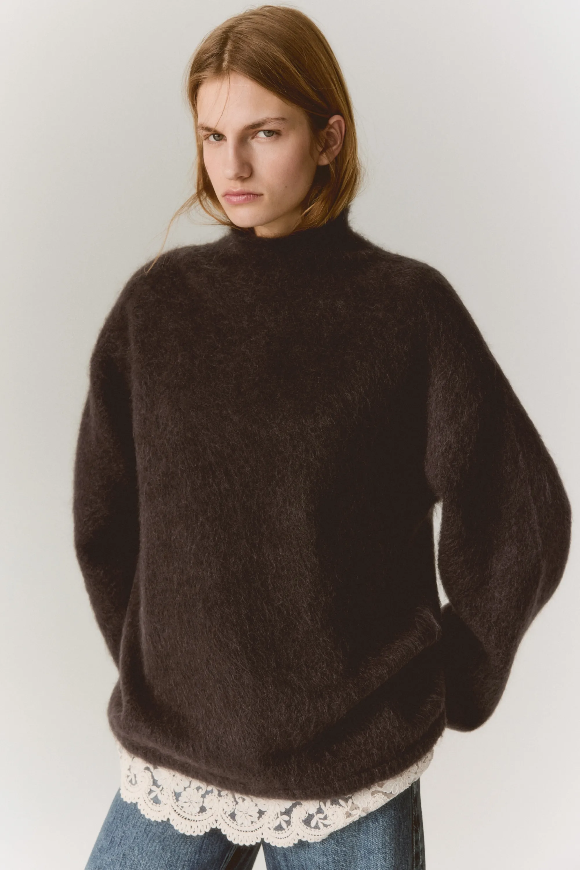 Pull en mohair mélangé avec dentelle - Marron foncé