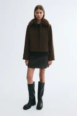 Veste avec col duveteux - Marron foncé — photo 2