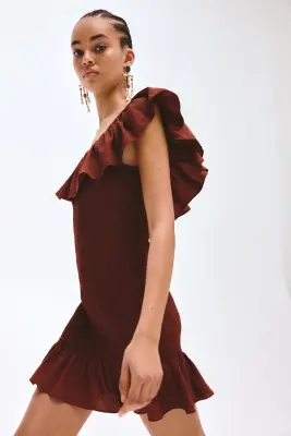 Robe épaules nues volantée - Brun rouille — photo 2