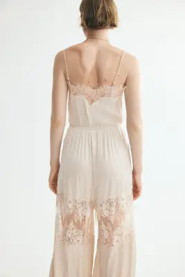 Combi-pantalon à jambes ballon avec dentelle - Beige clair/crème — photo 3