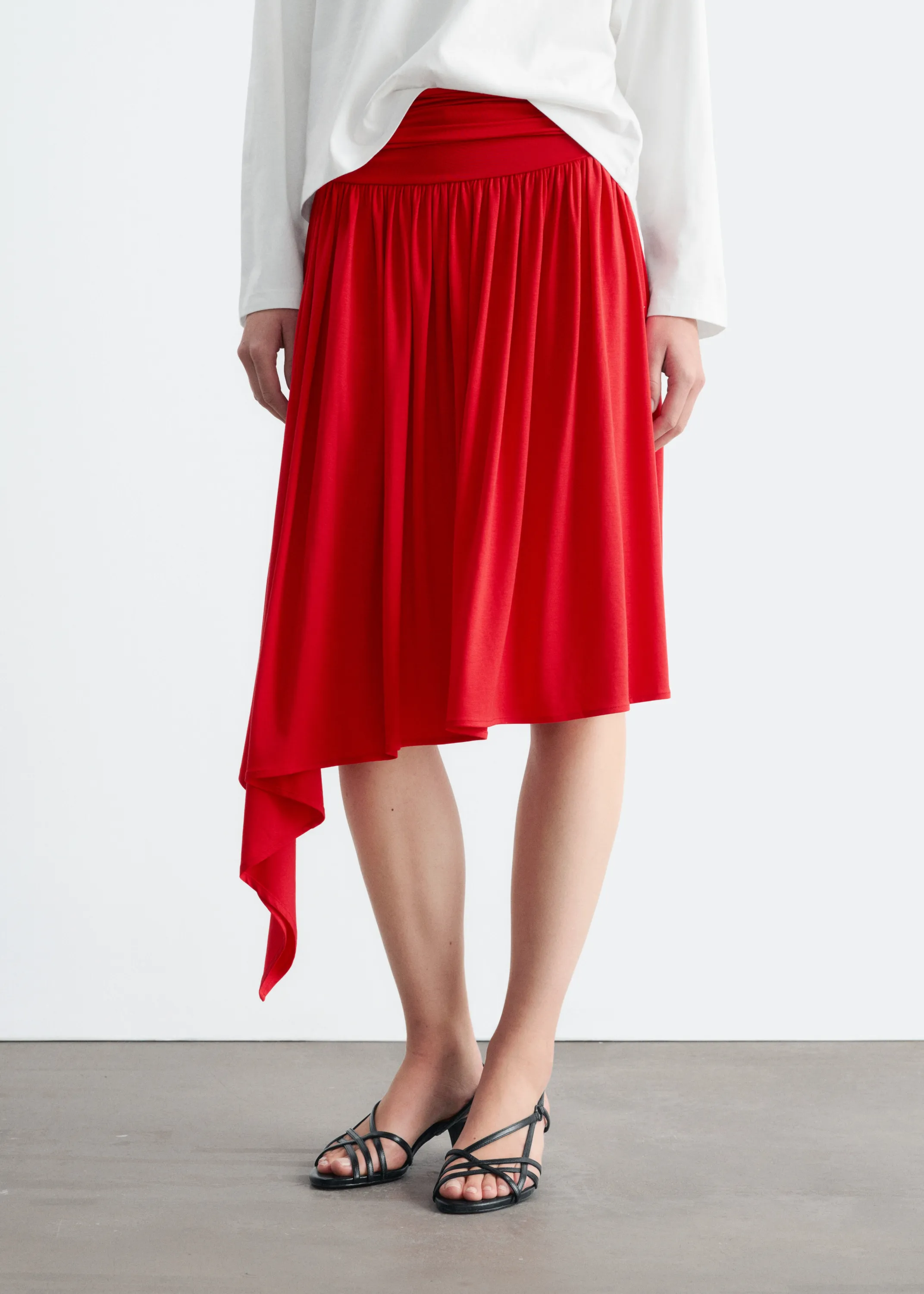 Jupe midi en jersey froncé - Rouge