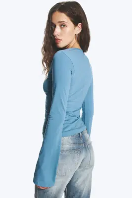 Top slim col V, manches longues - Bleu cendré — photo 2