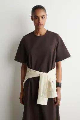 ROBE MIDI EN COTON À OURLET BRUT - BRUN — photo 3