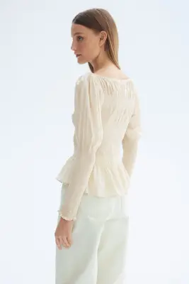 Blouse smockée en viscose mélangée - Beige clair — photo 3