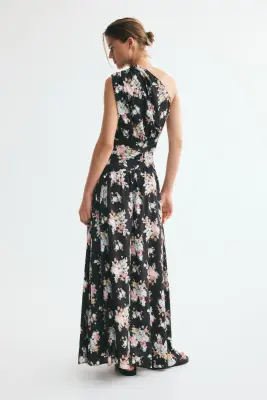 Robe asymétrique à effet drapé - Noir/fleuri — photo 2