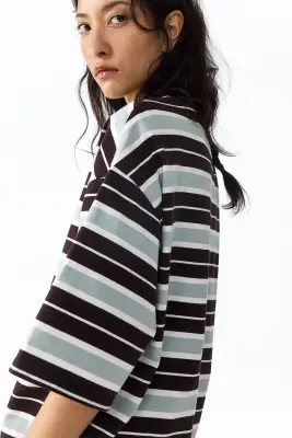 T-shirt oversize en coton - Marron foncé/rayé — photo 2