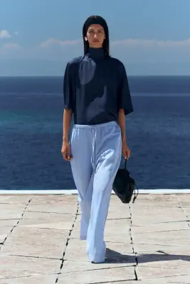 PANTALON LARGE TAILLE AJUSTABLE EN LIN - BLEU CIEL — photo 4