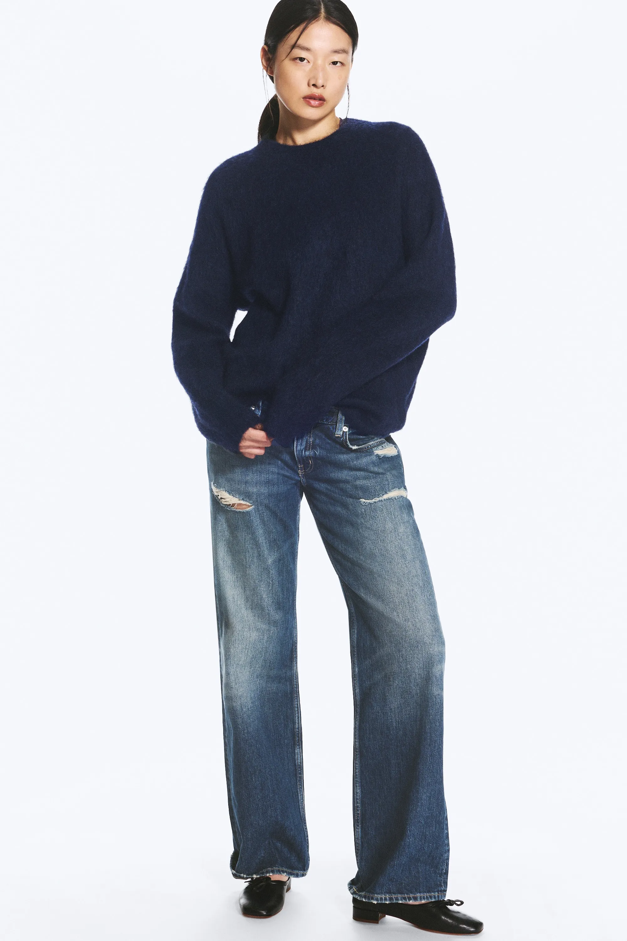 Pull oversize en maille de mohair mélangé - Bleu foncé chiné