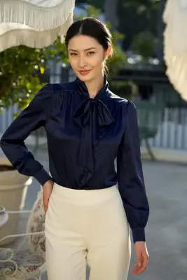 Lena Silk Bow Blouse - Dark blue — photo 3
