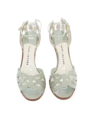 Sandales à talon en cuir ajouré vert d'eau Prix boutique 350€ Taille 39 — photo 3