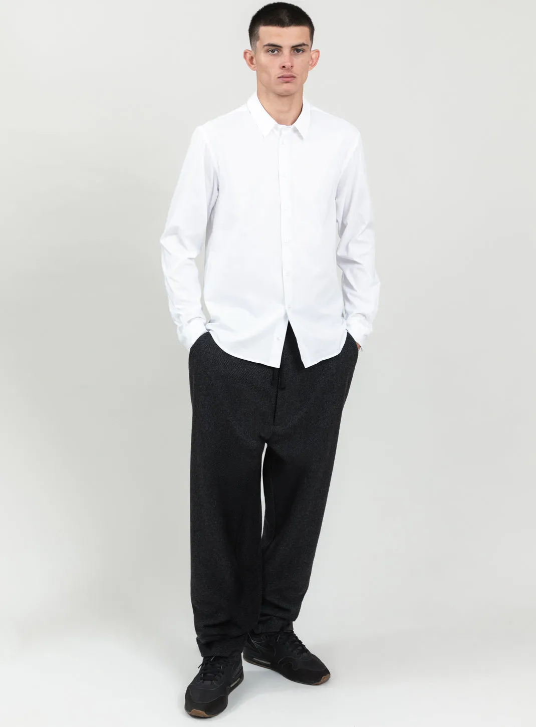Shirt with Small Collar Stand in White End-on-End