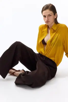 Pantalon paper bag à jambes larges - Marron foncé — photo 4