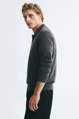 Polo Regular Fit en laine mérinos - Gris foncé chiné — photo 4