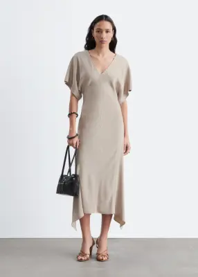 Robe longue à col en V - Beige pierre — photo 2