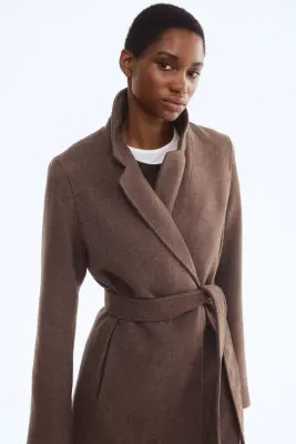 Manteau avec ceinture à nouer - Marron foncé chiné — photo 1