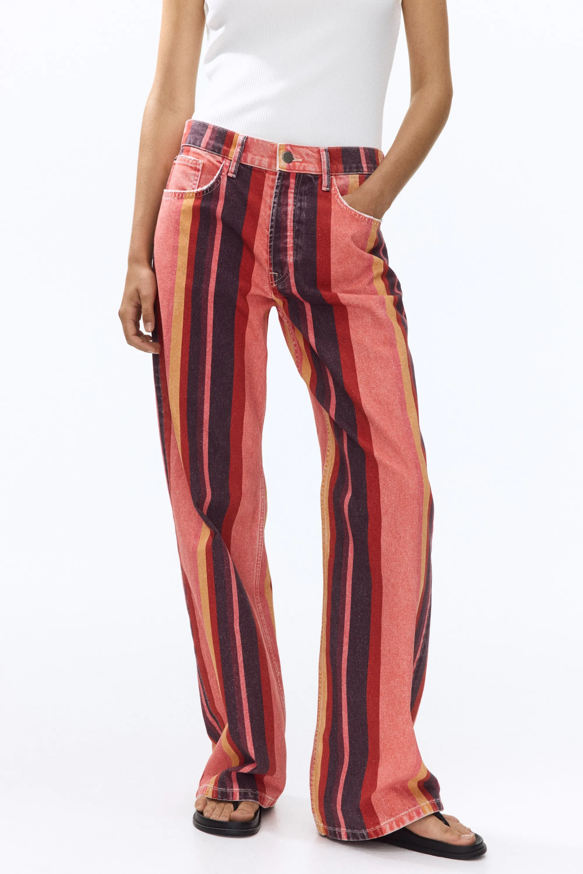 Pantalon en denim de coton - Rose corail/rayé